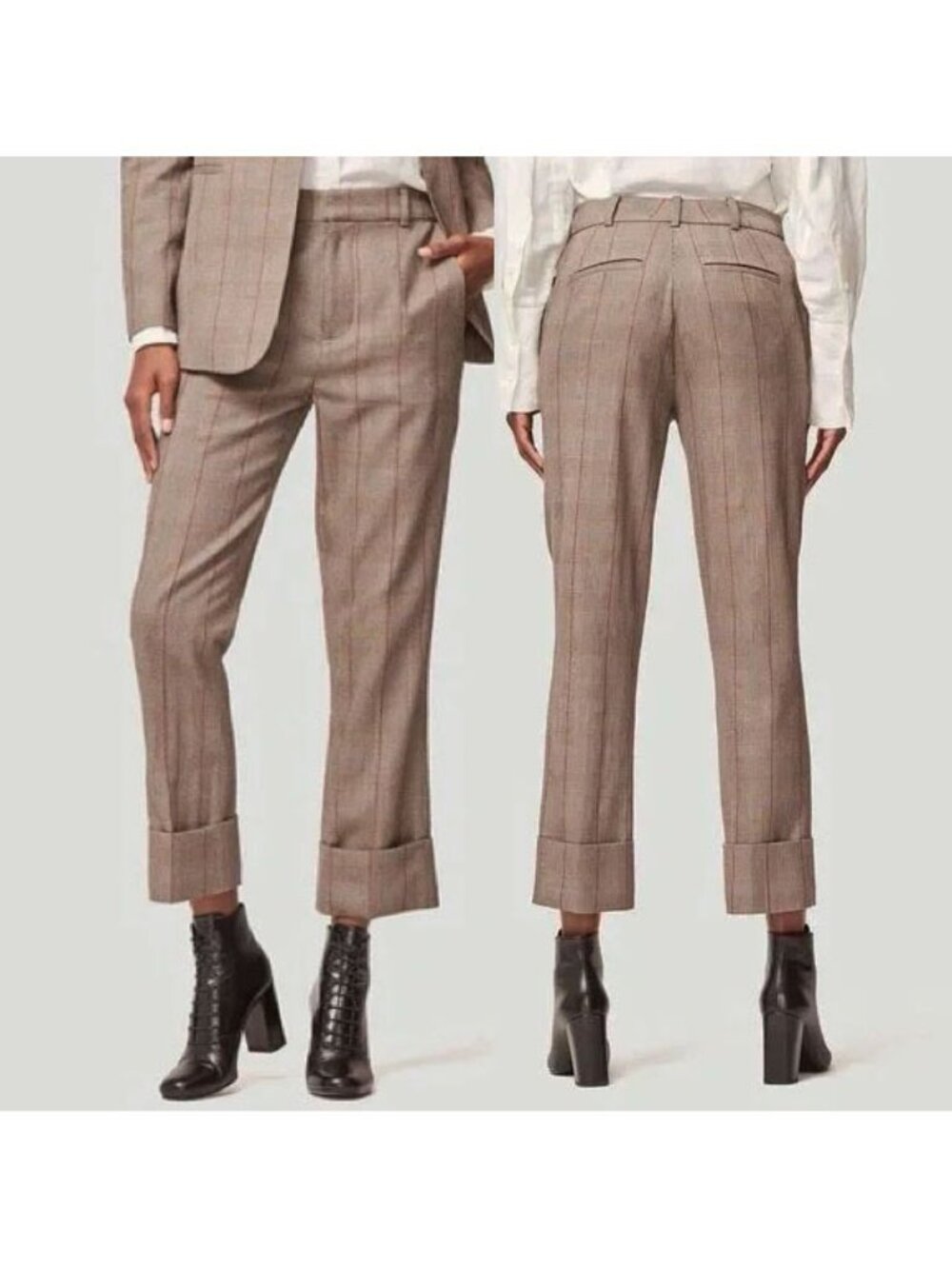 Frame Cuffed Glen Plaid Trouser Pant 8 Wool Blend Brown Multi Academia Luxe $298